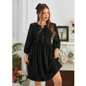 Black Bow-Tie Front 3/4 Puff Sleeve Babydoll Dress 1XL - NEW